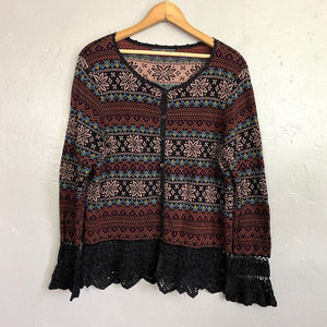Peruvian Connection Chamonix Cardigan Sweater Women Size Large Brown Black Lace
